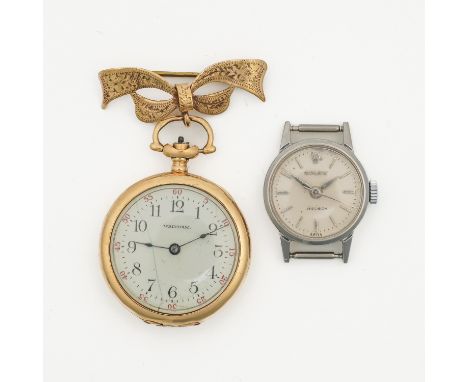 A ROLEX STAINLESS STEEL LADY'S WRISTWATCH AND A WALTHAM GOLD CASED OPENFACED PENDANT WATCH (2)The jewelled movement detailed 