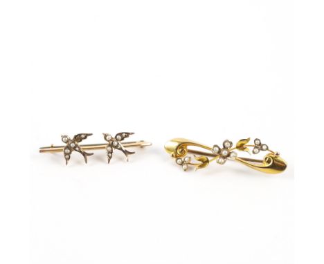 TWO GOLD AND SEED PEARL BROOCHES (2)The first with a central floral motif between foliate spray sides, detailed 9 CT, length 