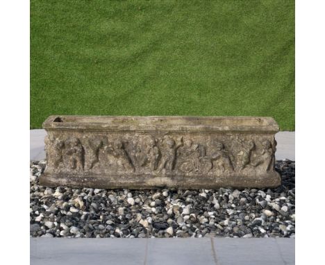A RECTANGULAR RECONSTITUTED STONE RECTANGULAR PLANTERRelief cast with cherub musicians, 127 wide; 39cm deep; 69cm high