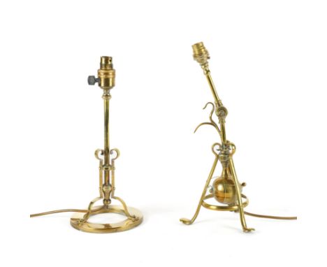 TWO ARTS & CRAFTS BRASS TABLE LAMPS (2)Early 20th Century 
One in the manner of W.A.S. Benson, with rotating arm and tripod b