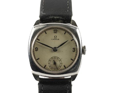 AN OMEGA STEEL CUSHION SHAPED CASED GENTLEMANS WRISTWATCHWith a signed jewelled lever movement detailed Omega Swiss 15 Jewels