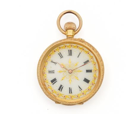 A LADY'S GOLD CASED KEYLESS WIND OPEN FACED FOB WATCHWith an unsigned gilt cylinder movement, base metal inner case, the gilt
