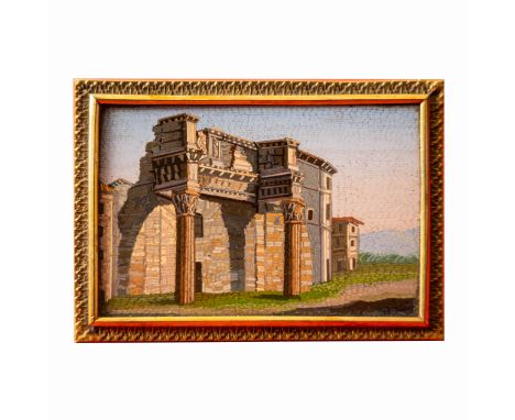 OF GRAND TOUR INTEREST: AN ITALIAN GILT-BRASS MOUNTED MICRO MOSAIC PLAQUE19th Century 
Depicting Roman architectural remains,