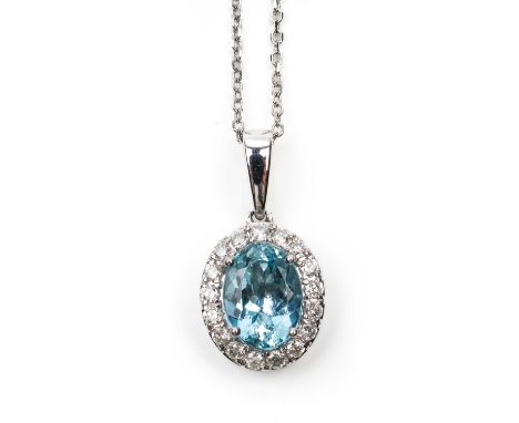 AN AQUAMARINE AND DIAMOND NECKLACE (2)With a central oval cut aquamarine, with a surround of round brilliant diamonds, mounte