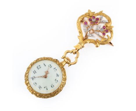 A GOLD, DIAMOND AND RUBY KEYLESS WIND, OPENFACED PENDANT FOB WATCH AND A BROOCH (2)The watch having an unsigned jewelled move