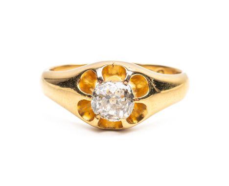 AN 18CT GOLD AND DIAMOND SINGLE STONE RINGClaw set with an old cut cushion shaped diamond, Chester possibly 1882, ring size K