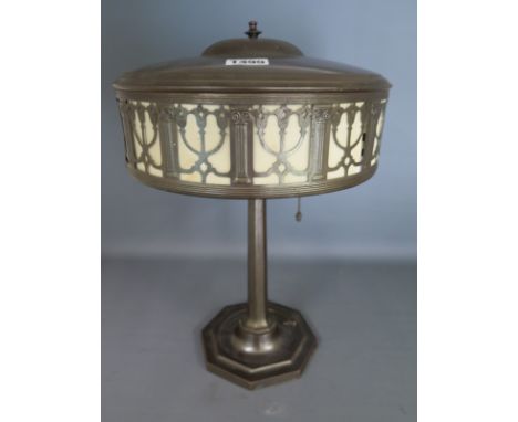 A brass aneroid table lamp with pierced decoration to edge circa 1920's - Height 38cm x Diameter 26cm - Overall good conditio