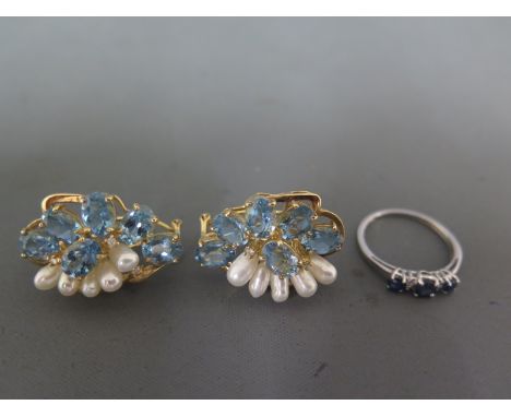 A pair of 14ct yellow gold earrings with aquamarines and pearls set to fronts and a 14ct white gold ring set with diamond and