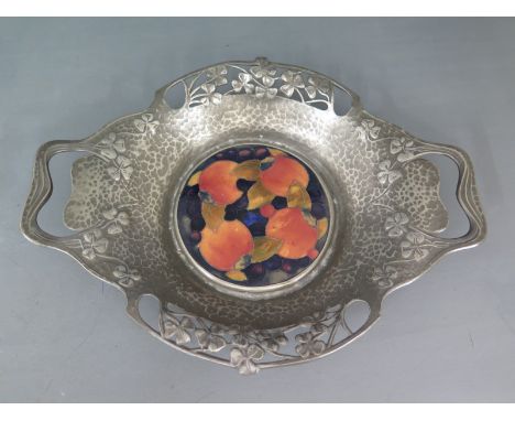 William Moorcroft Liberty stand pomegranate pattern in a Tudric pewter pierced bowl surround - 28cm x 21cm - number 0287 
Con