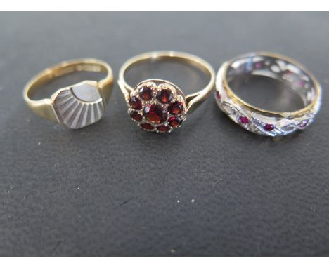 A 9ct gold garnet cluster ring size S and two other 9ct rings sizes M and N - total weight approx 7 grams