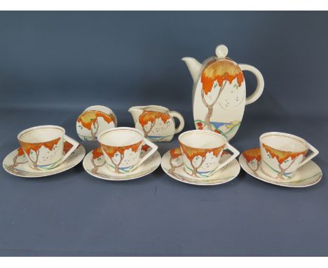A Clarice Cliff Bizarre Woodland pattern coffee service - coffee pot, milk, sugar, four cups and saucers - chip to one cup, d