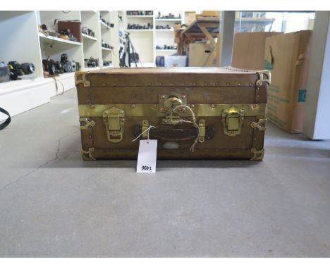 An American fibre and brass bound small trunk or case with key by M Cherry 288 Fifth Ave, New York - clean interior, lining m