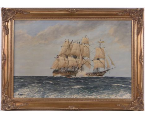 R Bramley,oil on canvas, the British frigate Surprise, signed, 20" x 30", framed.