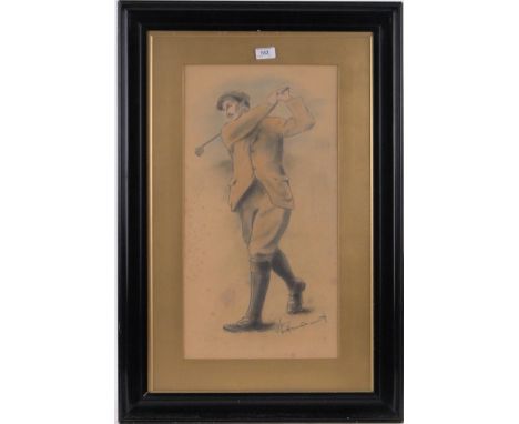 Charles Worth,pencil/crayon, portrait of a golfer, signed, 23" x 12", framed.
