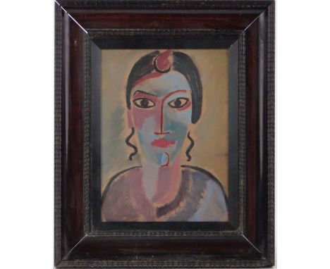 Oil on board, modernist portrait, unsigned, 12.5" x 9", framed.