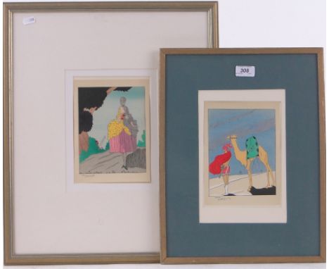 R Polack (French),2 colour pochoir prints circa 1930, camel and rider, and erotic scene, i 7" x 5.5", framed, (2).