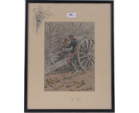 A Snaffles military print, a small 19th century oil on wood panel, Dutch canal scene and a watercolour, military uniform stud
