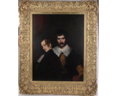 19th century oil on canvas, portrait of a man and woman, unsigned, 36" x 28", ornate gilt gesso frame.