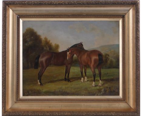 19th century oil on canvas, portrait of 2 horses in a field, unsigned, 14" x 18", framed.
