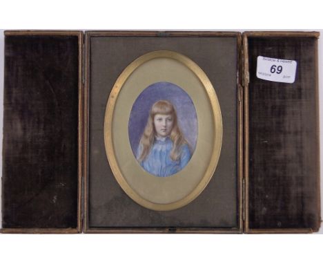 Miniature watercolour on ivory, portrait of a young girl, unsigned, 3.5" x 2.5", leather case.