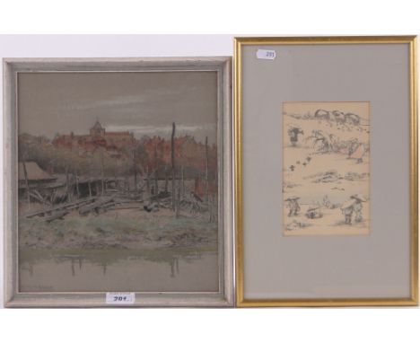 B Collins,watercolour/pencil, Rye from the shipyards, 11.5" x 10.5", a pencil sketch, Watchbell Street, Rye, by a different h