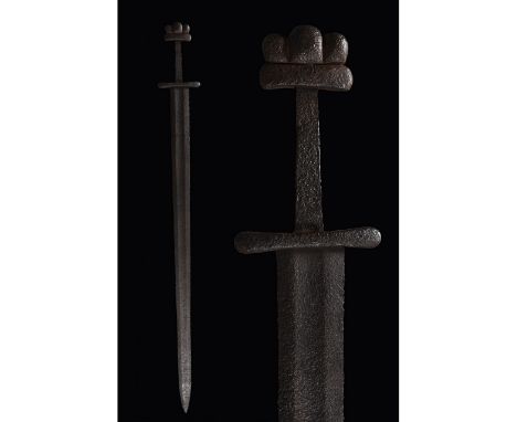 800-1100 AD, Viking Age. Beautifully preserved iron sword with double-edged bevelled and pointed blade and wide shallow fulle