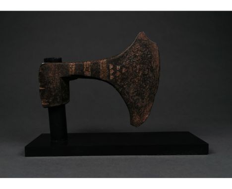 c. 1400 AD, Medieval Persian. This beautiful iron axe comprises a circular socket, broad, curving blade with nipped upper toe