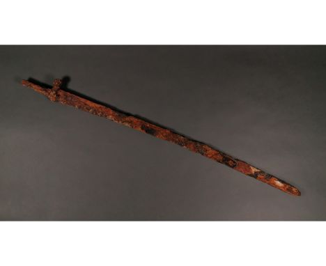 700-1000 AD. Viking Age. An iron sword with a long, single-edged blade, culminating in a point, a rectangular guard and taper