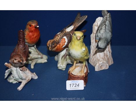 Five Goebel figures of birds including Bramling, Blue Titmouse, Canary and Robin and Wren, both damaged.