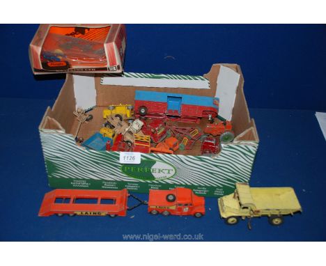 A quantity of Dinky, Matchbox and Lesney Models including a Massey Ferguson Combine, a Marshall tractor, D9 Caterpillar, boxe
