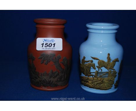 Two Victorian Bottles decorated with hunting scenes.