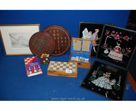 A quantity of miscellanea including two wooden solitaire boards, chess set, box of mainly miniature playing cards, three foil