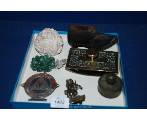 A quantity of miscellanea including brass topped blotter, old leather boot, lidded pot in the form of lions, tigers, cheetahs