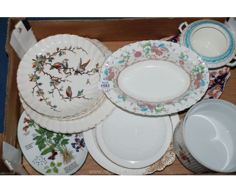 A box of china including three cake plates with matching tea plates, Royal Worcester 'Kashmir' bowl, a/f,  'Evesham' souffle 