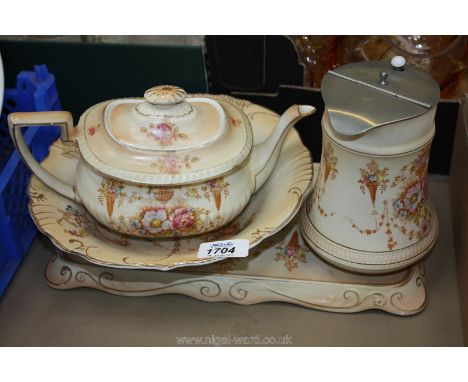 Three pieces of Crown Devon china including teapot, coffee pot with metal lid and a long tray together with an Old Foley bowl