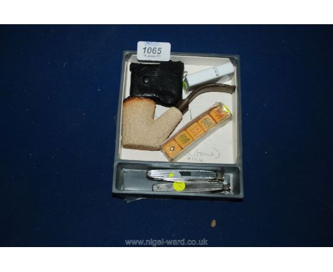 A quantity of miscellanea including SAS lighter, Zippo lighter, cased pipe, set of five dice and two pipe cleaning knives.