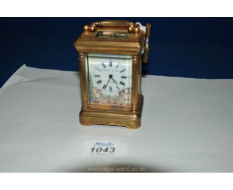 A pretty French Carriage Clock with hand painted porcelain face and side panels, the face marked 'Elliot & Son, London', 3 1/