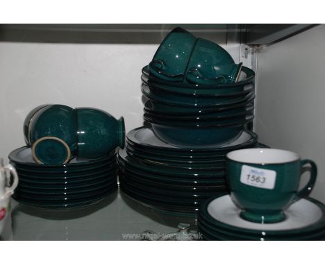 A Denby part Dinner service in green and white including six dinner plates, cups and bowls, eight side plates, four breakfast