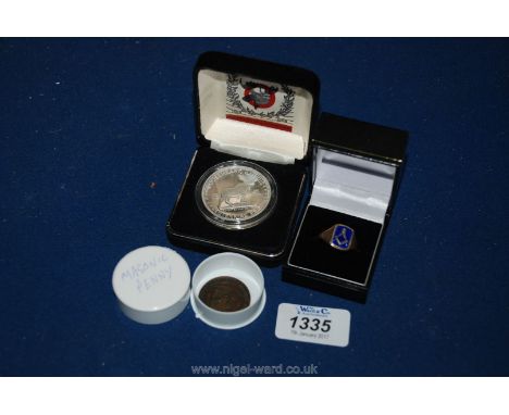 A quantity of 9ct gold and enamel Masonic ring, a Silver ''Loyal Order of Moose'' medal (1 troy Ounce ) and a Masonic penny.