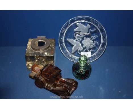 A small Plate with Dove design, model of an old car, small dumpy perfume bottle and stopper and a large Inkwell, lid missing 