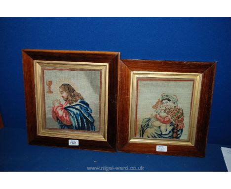 Two woolwork Tapestry panels of religious scenes, in rosewood frames.