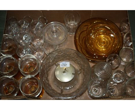 A box of glass including sherry and wine glasses, fruit bowl, sugar bowls, yellow glass saucers, etc.