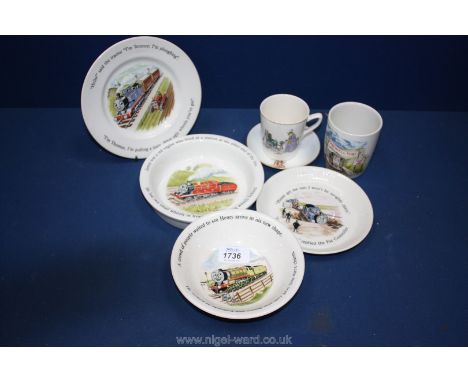 Four Wedgwood Thomas the Tank Engine breakfast Bowls and mug, a Grimwades Beatrix Potter saucer and a Cup decorated with a la