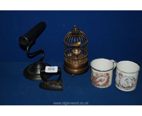 Two enamel Coronation Mugs for 1902 and 1831/1891, a very small iron, musical bird cage Clock, a/f, etc.