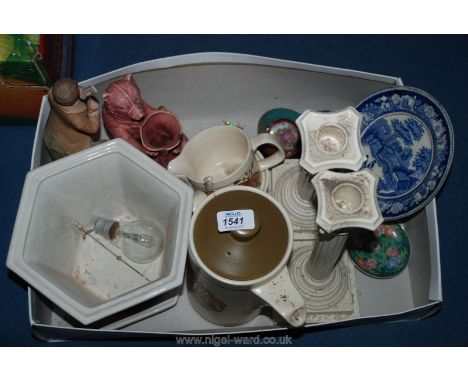 A 1970's Royal Worcester coffee pot, milk jug and sugar bowl, old blue and white plate, muzzled bear spill vase, blue ceramic