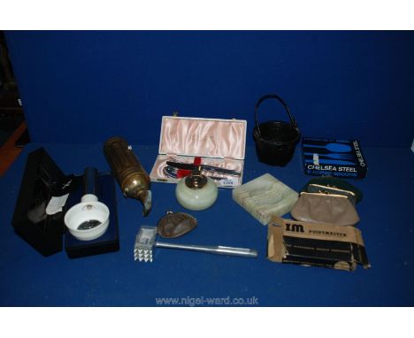 A box of miscellanea including old brass Fire extinguisher, onyx tray and lighter, small leather purses, needle sharpener, il