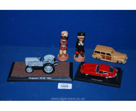 A model of a Ferguson TE20, 1953, a model E-type Jaguar, Dinky Morris Traveller and two small figures of children.