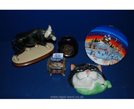 A quantity of china including Poole plate, cat mask, small Chokin vase, etc.