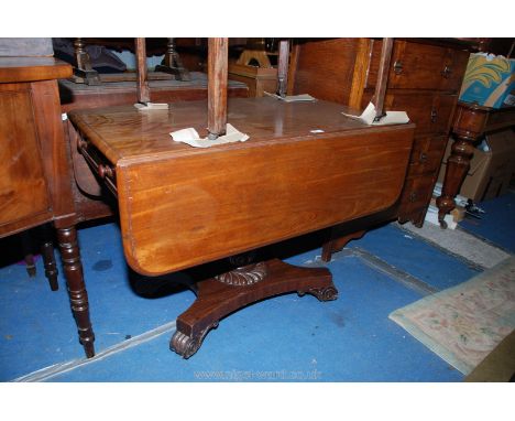 A William IV Mahogany Sofa Table, having well figured rectangular top with rounded corner drop leaves and frieze drawer to ea