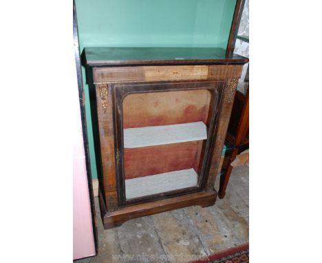 A 19th c. Rosewood finished Pier Cabinet, with rectangular top, inlaid frieze and single pane glazed door flanked by mounted 